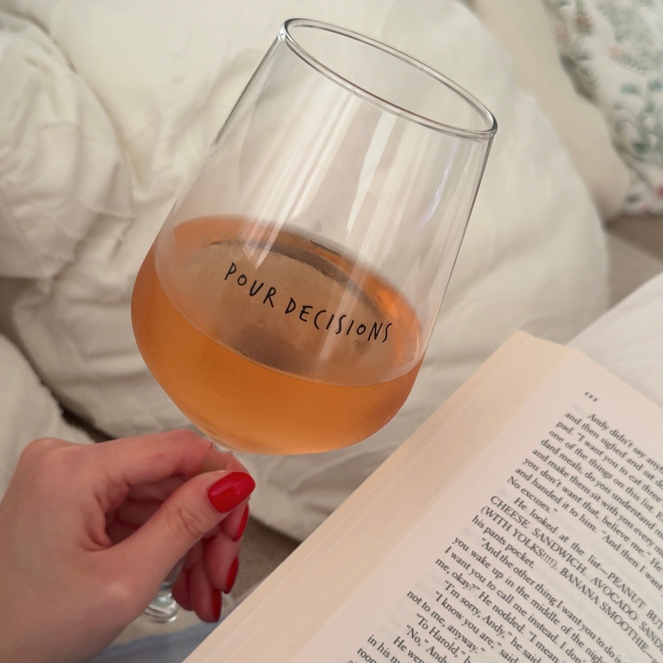Wine glass with fun printed text.