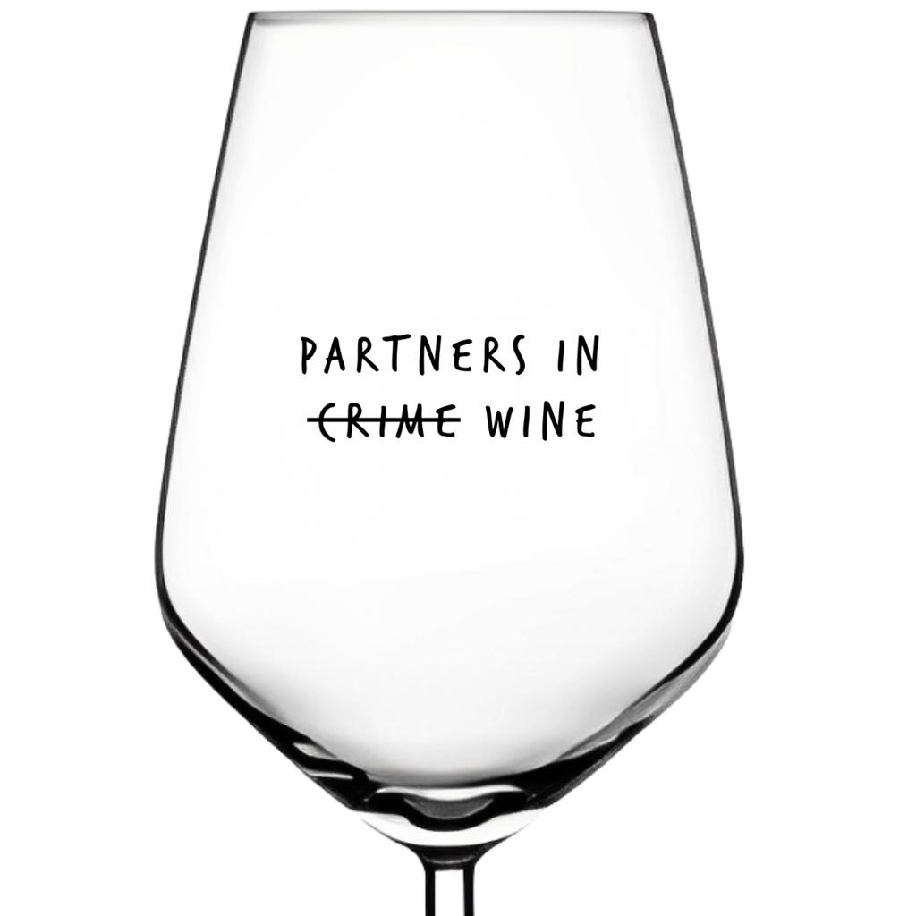 Partners in Wine funny wine glass gift, front view showing quote