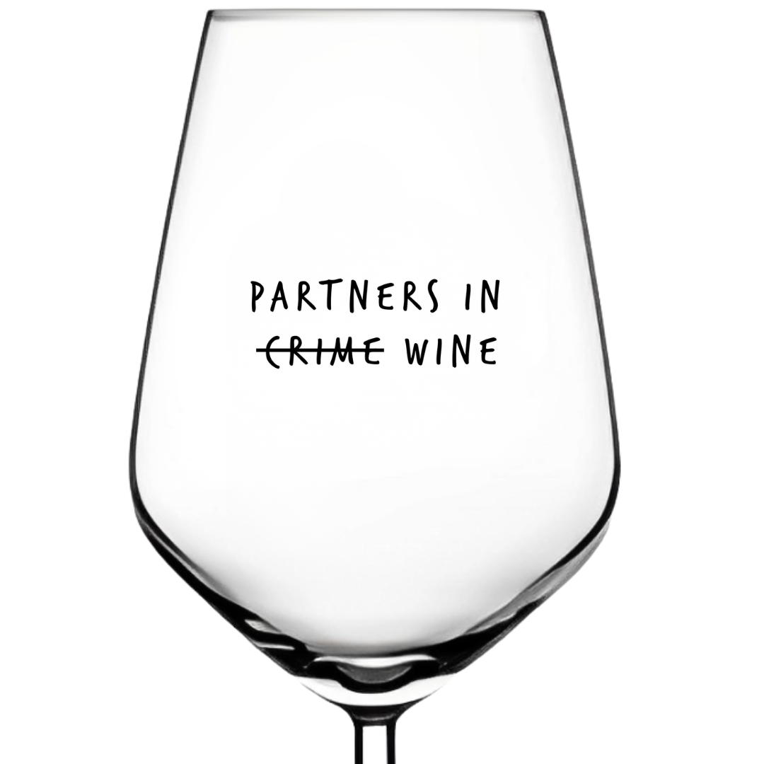 Partners in Wine funny wine glass gift, front view showing quote