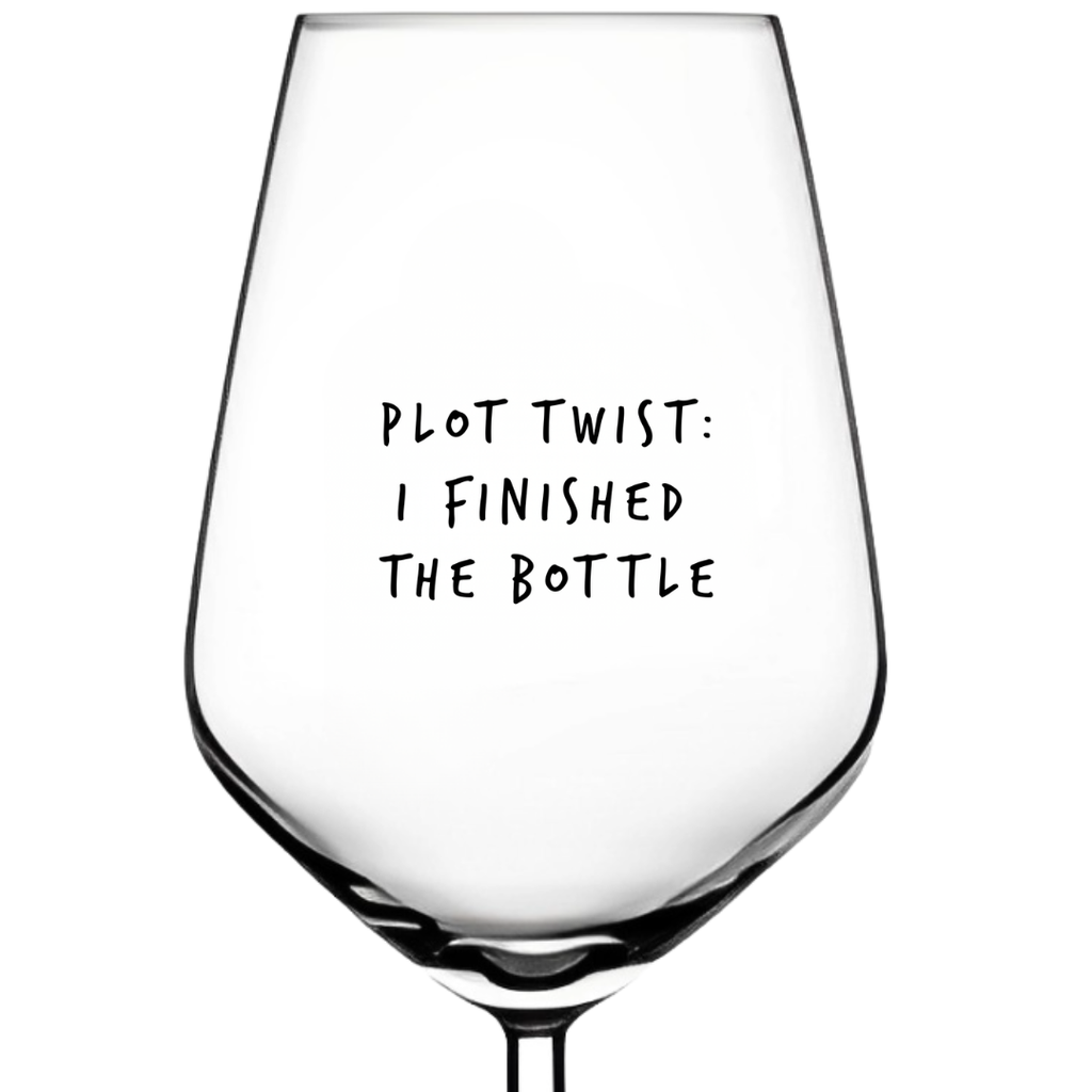 Plot Twist I Finished The Bottle funny wine glass with printed quote