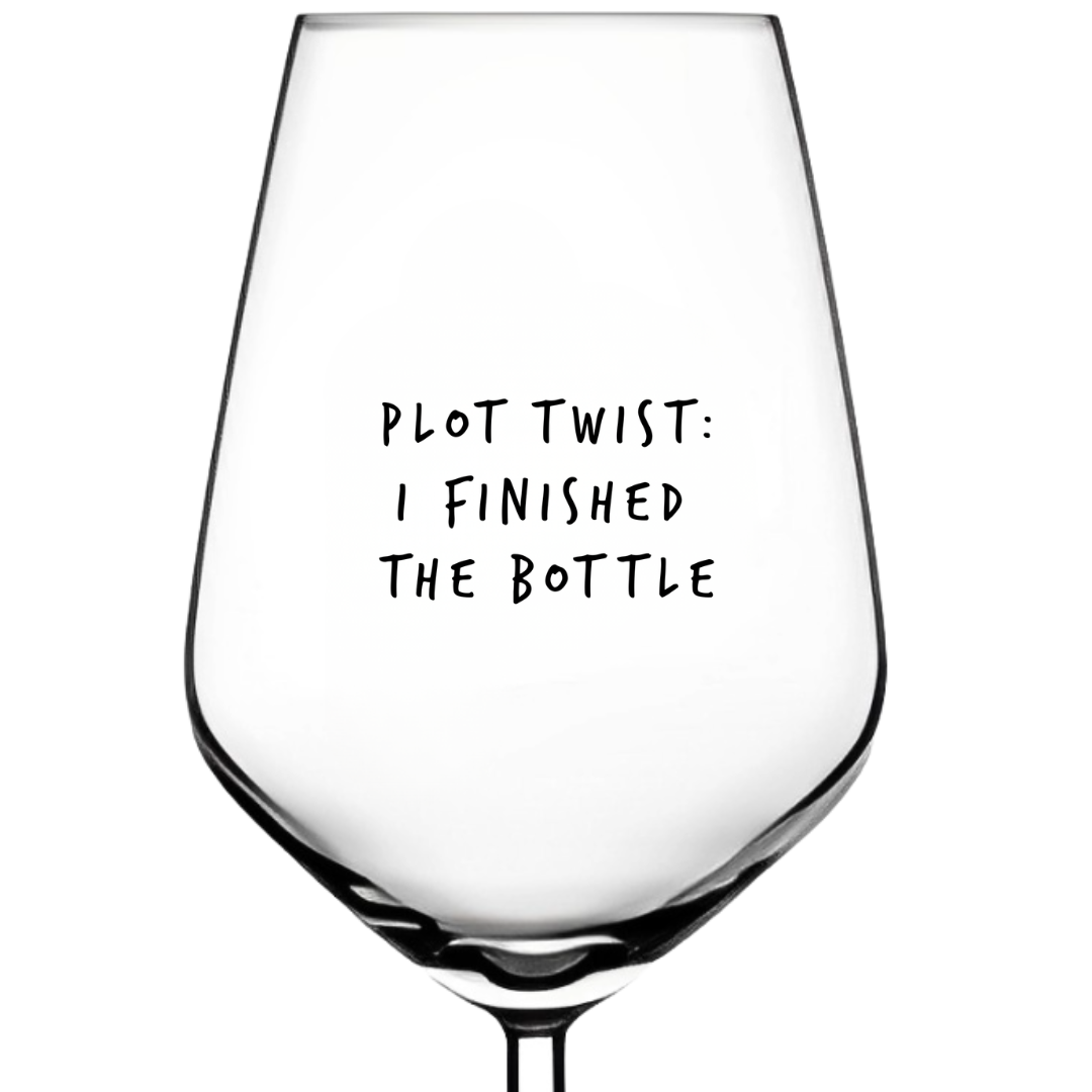 Plot Twist I Finished The Bottle funny wine glass with printed quote