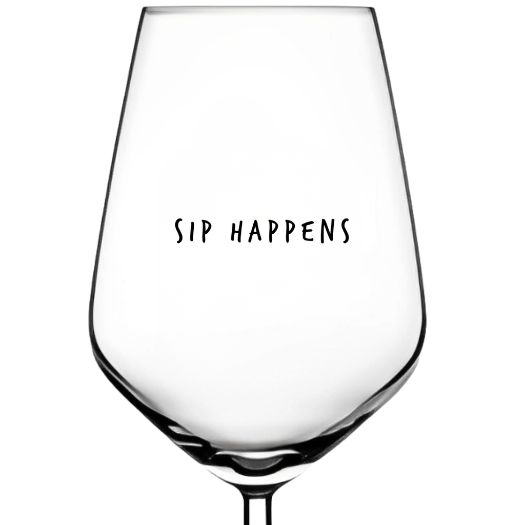 Sip Happens funny wine glass with printed quote, gift for wine lovers