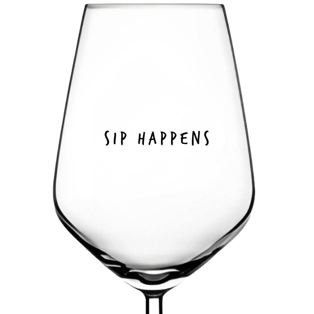 Sip Happens funny wine glass with printed quote, gift for wine lovers